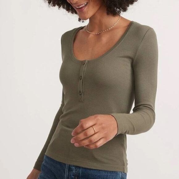 Marine Layer Lexi Top Rib Henley Scoop Neck Long Sleeve Tee Olive Green NWT XL - Picture 2 of 8